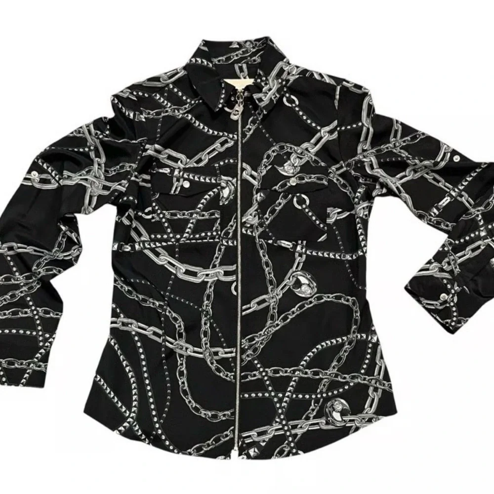 Michael Kors Black Zip-Front Jacket with Silver Chain Print